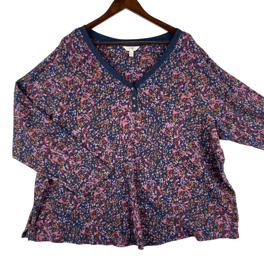 Terra & Sky Womens Plus 4X Waffle Knit Henley Thermal Top Navy Floral V-Neck